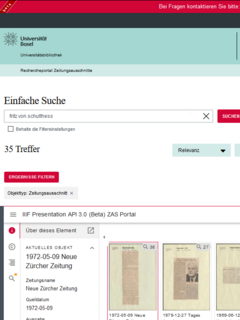 Printscreen aus dem Rechercheportal Zeitungsausschnitt über Fritz von Schulthess
