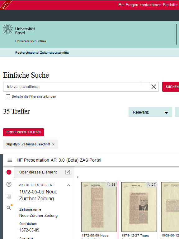 Printscreen aus dem Rechercheportal Zeitungsausschnitt über Fritz von Schulthess