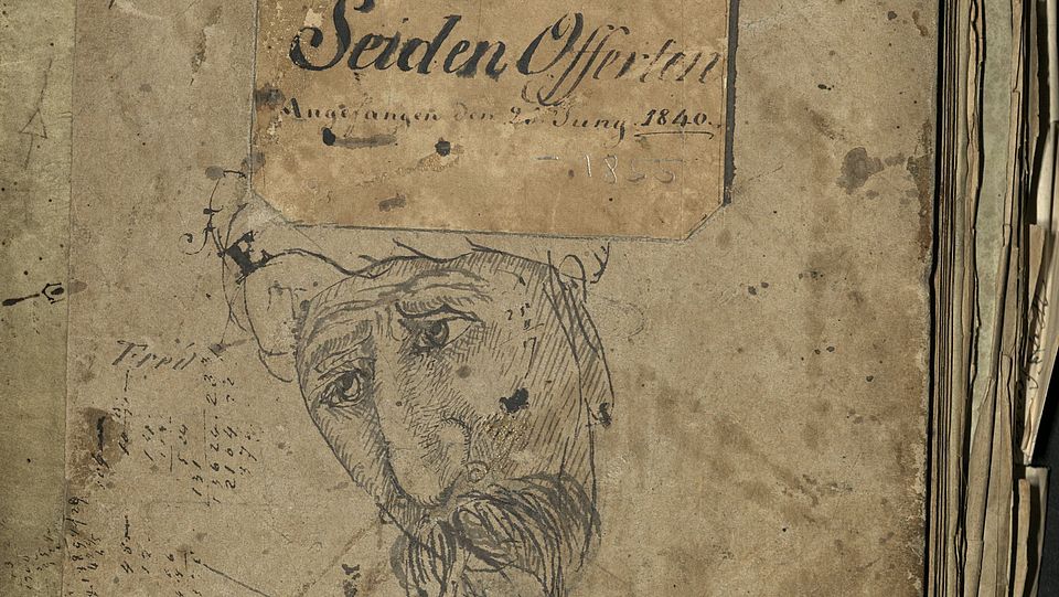 Business ledger with drawing of man's head (the thinker)