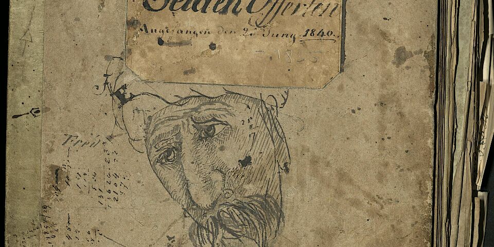 Business ledger with drawing of man's head (the thinker)