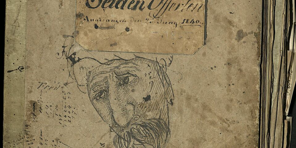 Geschäftsbuch mit Zeichnung eines Männerkopfs