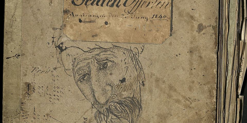 Business ledger with drawing of man's head (the thinker)